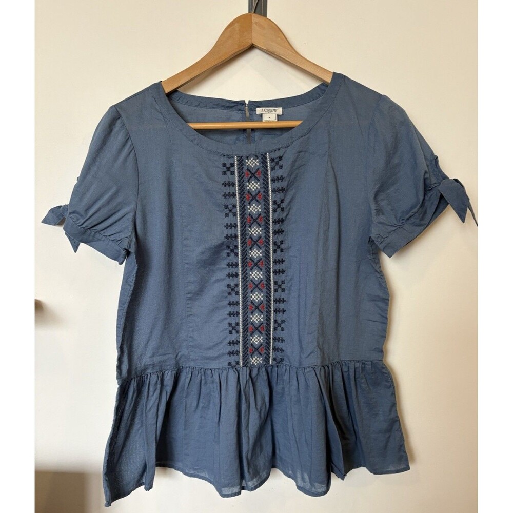 J Crew Blue Embroidered Peasant Short Sleeve Blouse Size 4